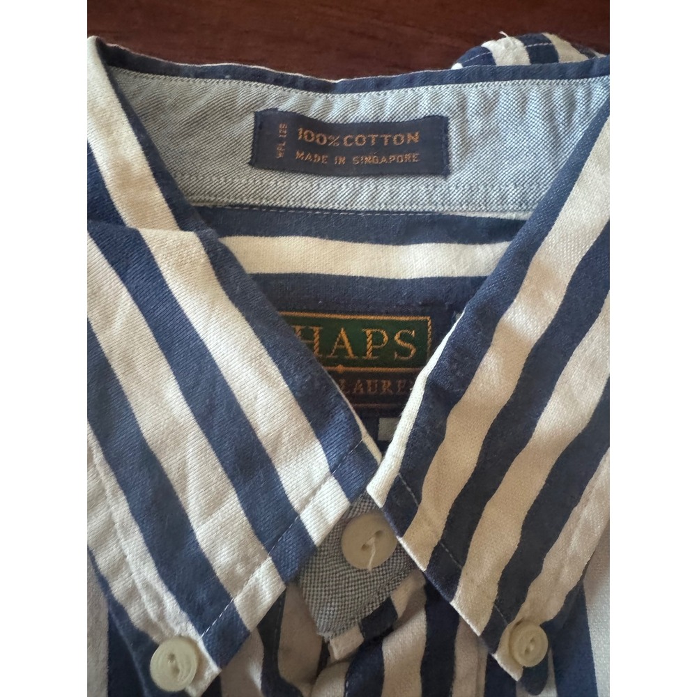 Vtg CHAPS Ralph Lauren Striped Button Down Shirt Men 16 (32/33) Blue White Crisp